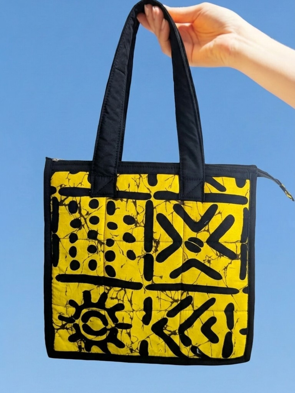 Handcrafted Kenyan African Print Padded Tote Bag Yellow Black Zip Top